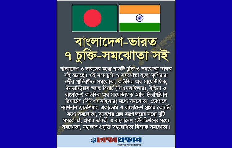 মঙ্গলবার (৬ সেপ্টেম্বর) ভারত সফররত বাংলাদেশের প্রধানমন্ত্রী শেখ হাসিনা ও দেশটির প্রধানমন্ত্রী নরেন্দ্র মোদির উপস্থিতিতে এ চুক্তি স্বাক্ষর হয়।