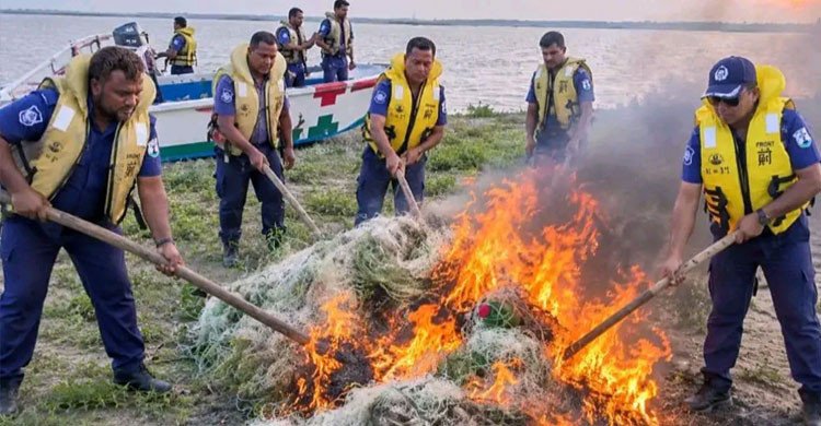 মেঘনায় অভিযান, ৮ হাজার মিটার অবৈধ কারেন্ট জাল পুড়িয়ে ধ্বংস